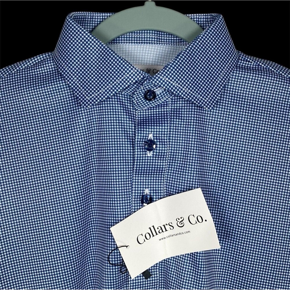 Collars & Co Polo Shirt Mens Small Navy Blue Houndstooth Dress Collar Office NWT